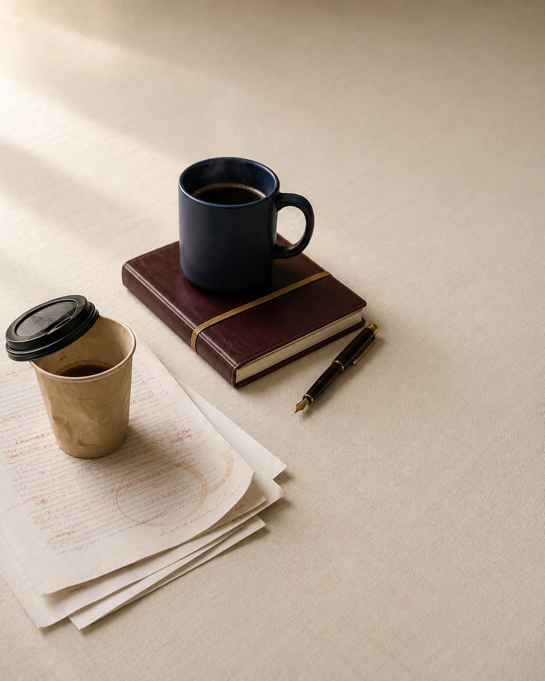 Still life: a navy ceramic mug on an oxblood leather notebook with a brass band and a fountain pen, beside a crumpled paper coffee cup on red-marked documents - on a cream linen surface in soft natural light.