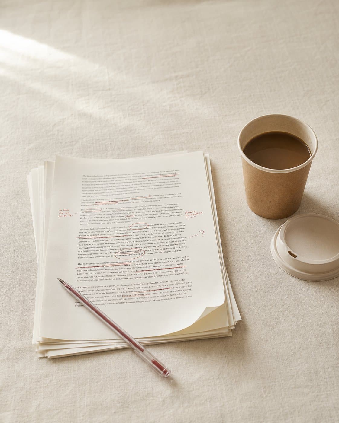 A stack of printed documents with restrained red-pen corrections beside a kraft-paper cup of cold coffee and a translucent ballpoint pen, on a cream linen surface.