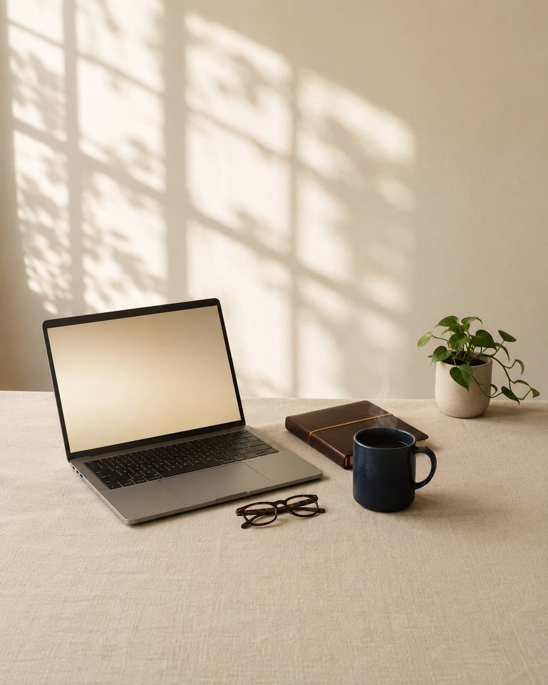 An editorial workspace photograph: an open laptop with a warm cream gradient screen, a navy ceramic mug with faint steam, a closed leather notebook with a brass band, folded tortoiseshell reading glasses, and a small pothos plant - on a cream linen surface, with soft window-light shadows visible on the back wall.